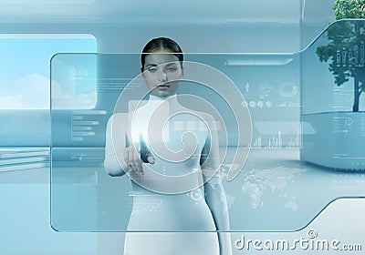 Future technology. Girl press button touchscreen interface. Stock Photo