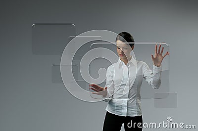 Future technology. Girl press button touchscreen interface. Stock Photo