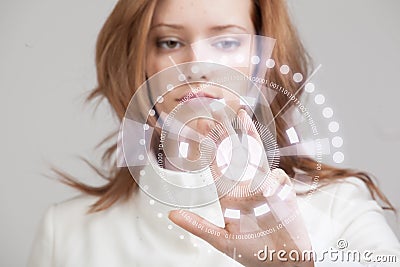 Future technology. Woman working with futuristic Stock Photo