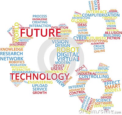 Future Technology Word Cloud Text Illustration in shape of Gear wheels. Vector Illustration