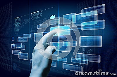 Future touchscreen interface with hand Stock Photo