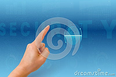 Future touchscreen interface with hand and fingerprint scanner - computer security concept Vector Illustration