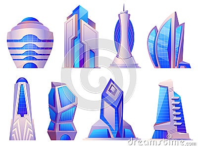 Future urban and alien city buildings, skyscrapers and office towers. Futuristic cyberpunk architecture, megalopolis Vector Illustration
