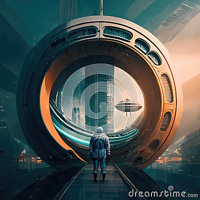 Future urban landscape with lonely figure and concept circle arch. Generative AI Stock Photo
