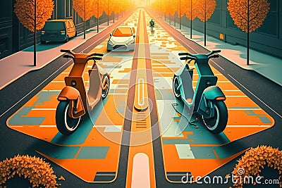 The future of urban mobility bike lanes and e-scooters, created with Generative AI technology Stock Photo