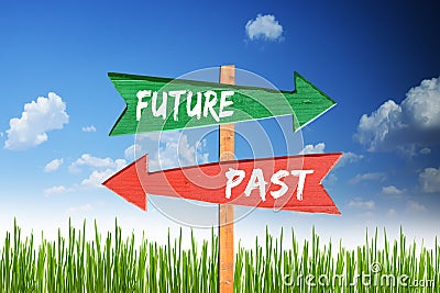 Future versus past two different way with signpost arrows Stock Photo