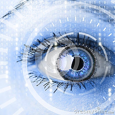 Future woman with cyber technology eye panel Stock Photo