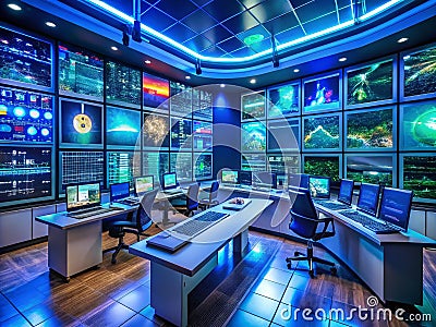 FutureForward Control Room Advanced Data Visualization and RealTime Monitoring System in a CuttingEdge Facility Stock Photo