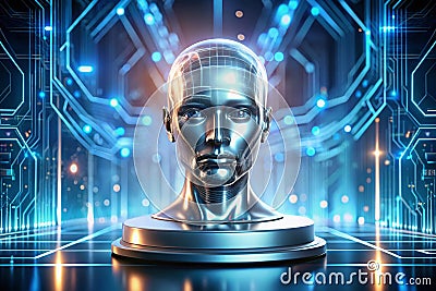 FutureForward Holographic AI Head A Glimpse into Advanced Robotics and Database Supercomputing Stock Photo