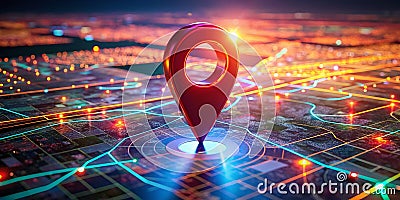 FutureForward Navigation Immersive Digital Map with Glowing Red Marker Highlights Advanced Mapping Technology Stock Photo