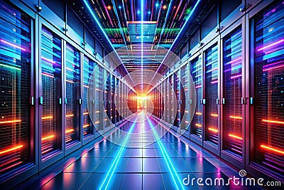 FutureProofing Data Centers A 3D Visualization of HighSpeed Data Transfer in a CuttingEdge Server Room Stock Photo
