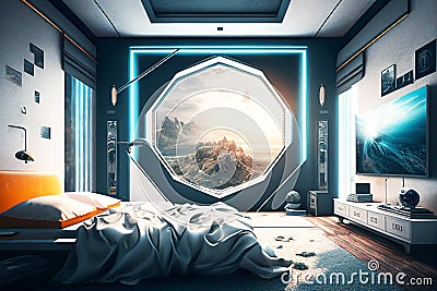 Futurist blue and white bedroom space. Real estate. Renovation company. Home staging.Real estate agent Stock Photo