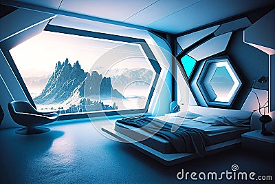 Futurist blue and white bedroom space. Real estate. Renovation company. Home staging.Real estate agent Stock Photo