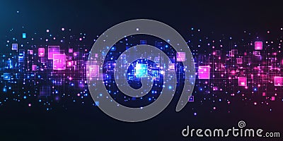 A futuristic abstract background featuring a floating matrix of transparent, glowing cubes arranged Stock Photo