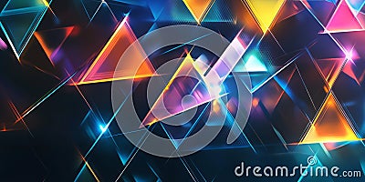 A futuristic abstract background featuring neon-lit triangular prisms dynamically shifting in a Stock Photo