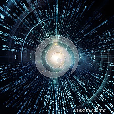 Futuristic abstract data tunnel with flowing numeric streams and glowing light representing digital information and technology Stock Photo