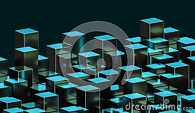 Futuristic abstract green and cyan metallic glowing cuboids illustration. Construction, city, architecture, data concepts. 3d Cartoon Illustration