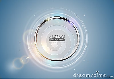 Futuristic abstract metal ring blue background. Chrome shine round frame with light circle and sun lens flare light effect. Vector Vector Illustration