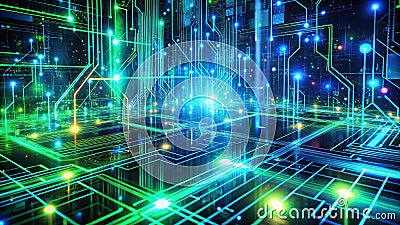 Futuristic Abstract Neon Circuit Board Network Server Background A Dynamic Visualization of HighTech Data Flow and Stock Photo