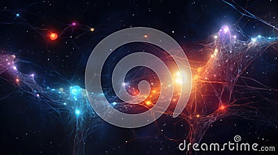 Futuristic abstract neuron background with glowing lines and particles. 3D rendering Cartoon Illustration