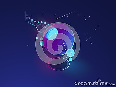 Futuristic abstract object, space system model, orbit, digital technology concept dark neon isometric Vector Illustration