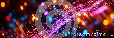 A futuristic abstract representation of a blockchain based financial network This image features a vibrant neonlike design that Stock Photo