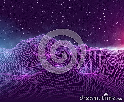 Futuristic abstract wire mesh misty mountains. Cyberspace grid landscape in space Vector Illustration