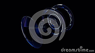 Futuristic abstraction of 3d electronic device, disintegrating into component parts on the black background. Animation Stock Photo