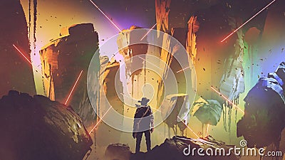 Futuristic adventurer in floating land Cartoon Illustration