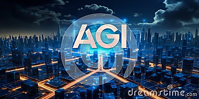 Futuristic AGI concept with neon blue illumination over a sprawling high-tech cityscape highlighting advanced general intelligence Stock Photo