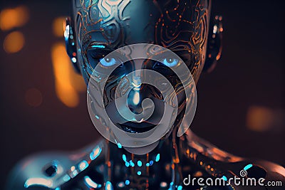 Futuristic AI Android robot cyborg. Black metal. Artificial Intelligence concept. Generative AI. Stock Photo