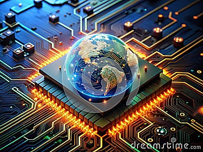 Futuristic AI Animation Data Processing on a HighTech Electronic Circuit Board a Concept for Global Artificial Stock Photo
