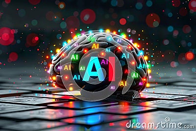 Futuristic AI brain with colorful glowing lights in a digital environment, representing artificial intelligence and neural netw Stock Photo
