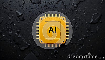 Futuristic AI chip on black texture. cpu. artificial intelligence chip, AI Technology, AI Hardware, machine learning. advanced Stock Photo
