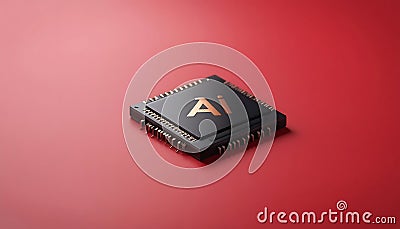 Futuristic AI chip on red background. cpu. artificial intelligence chip, AI Technology, AI Hardware, machine learning. advanced Stock Photo