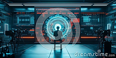 Futuristic AI command center with digital interface and multiple cameras setup Stock Photo