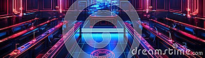 Futuristic AI courtroom, serving justice algorithmically, judge and jury concept, diagonal view Stock Photo