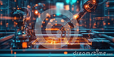 A futuristic AI-driven advanced robotics lab, featuring glowing cybernetic humanoid prototypes, Stock Photo