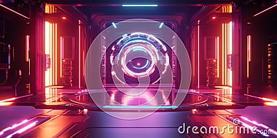 A futuristic AI-driven predictive cybersecurity defense system, displaying glowing cybernetic Stock Photo