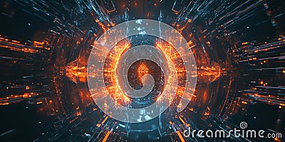 A futuristic AI-driven predictive cybersecurity defense system, displaying glowing cybernetic Stock Photo