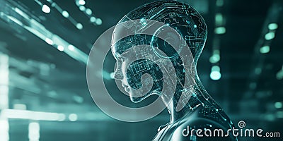A futuristic AI-driven swarm intelligence coordination network, displaying glowing cybernetic Stock Photo