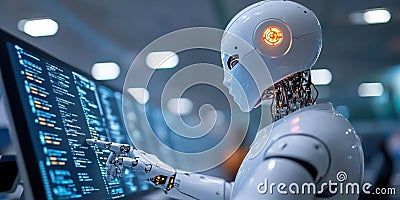 futuristic AI powered robot analyzing data streams on digital interface in modern setting Stock Photo