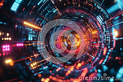 A futuristic AI-powered robotic neural network, composed of glowing cybernetic circuits, pulsating Stock Photo
