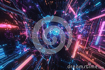 A futuristic AI-powered robotic neural network, composed of glowing cybernetic circuits, pulsating Stock Photo