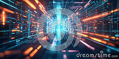 A futuristic AI-powered ultra-fast computing network, featuring glowing cybernetic quantum data Stock Photo