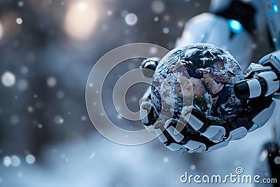 A futuristic AI robot holding a frosty Earth. Environmental impacts Stock Photo