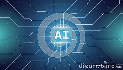 Futuristic AI technology banner. Microchip and neural network connections. Artificial intelligence and machine learning Vector Illustration