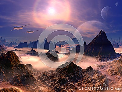 Futuristic Aircraft above Alien Planet Stock Photo