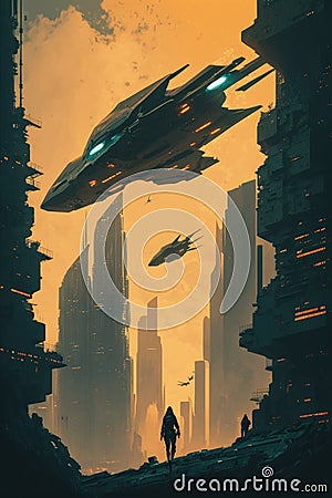 futuristic aircrafts zoom past city skyscrapers digital art poster AI generation Stock Photo