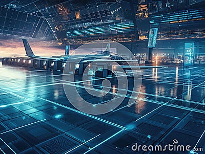 Futuristic airport with hovering planes and holographic displays Stock Photo